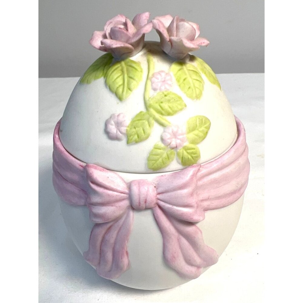 Lefton 1984 Hand Painted Egg-Shaped Trinket Box With Pink Flowers & Bow Design